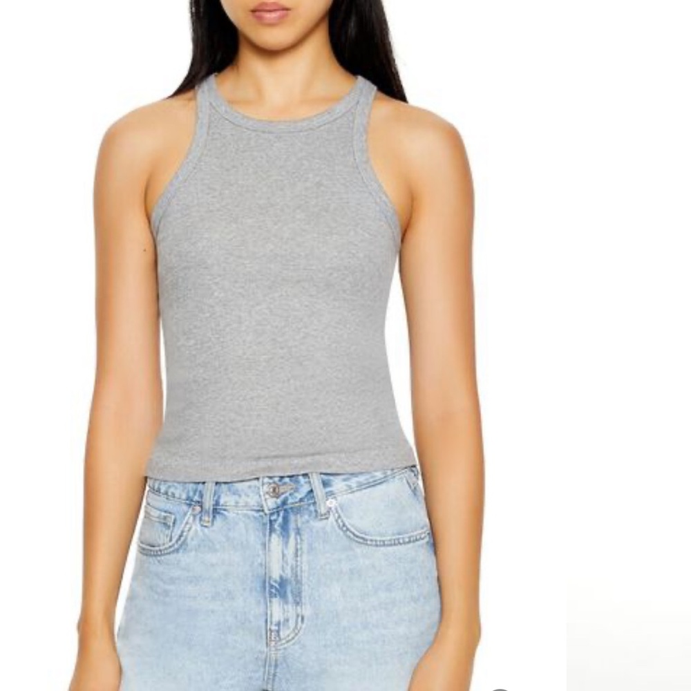 FOREVER 21 Gray Ribbed Knit Cropped Racerback Tank S Small EUC